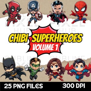 Puede incluir: Un conjunto de 25 imágenes de clipart digitales de superhéroes chibi. Las imágenes están en formato PNG y tienen una resolución de 300 DPI. Los superhéroes incluyen: Deadpool, Capitán América, Doctor Strange, Spiderman, Batman, Linterna Verde, Mujer Maravilla y Superman.