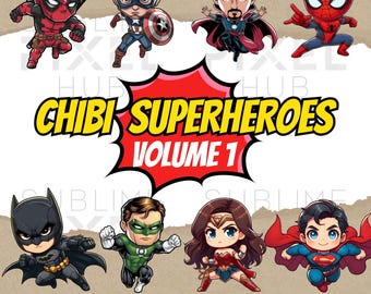 Chibi Superheroes Clipart, Stickers, Kids Action Heroes (PNG Files)