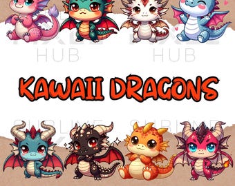 Kawaii Dragon Clipart, Fantasy Stickers, Transparent PNG (Digital Download)