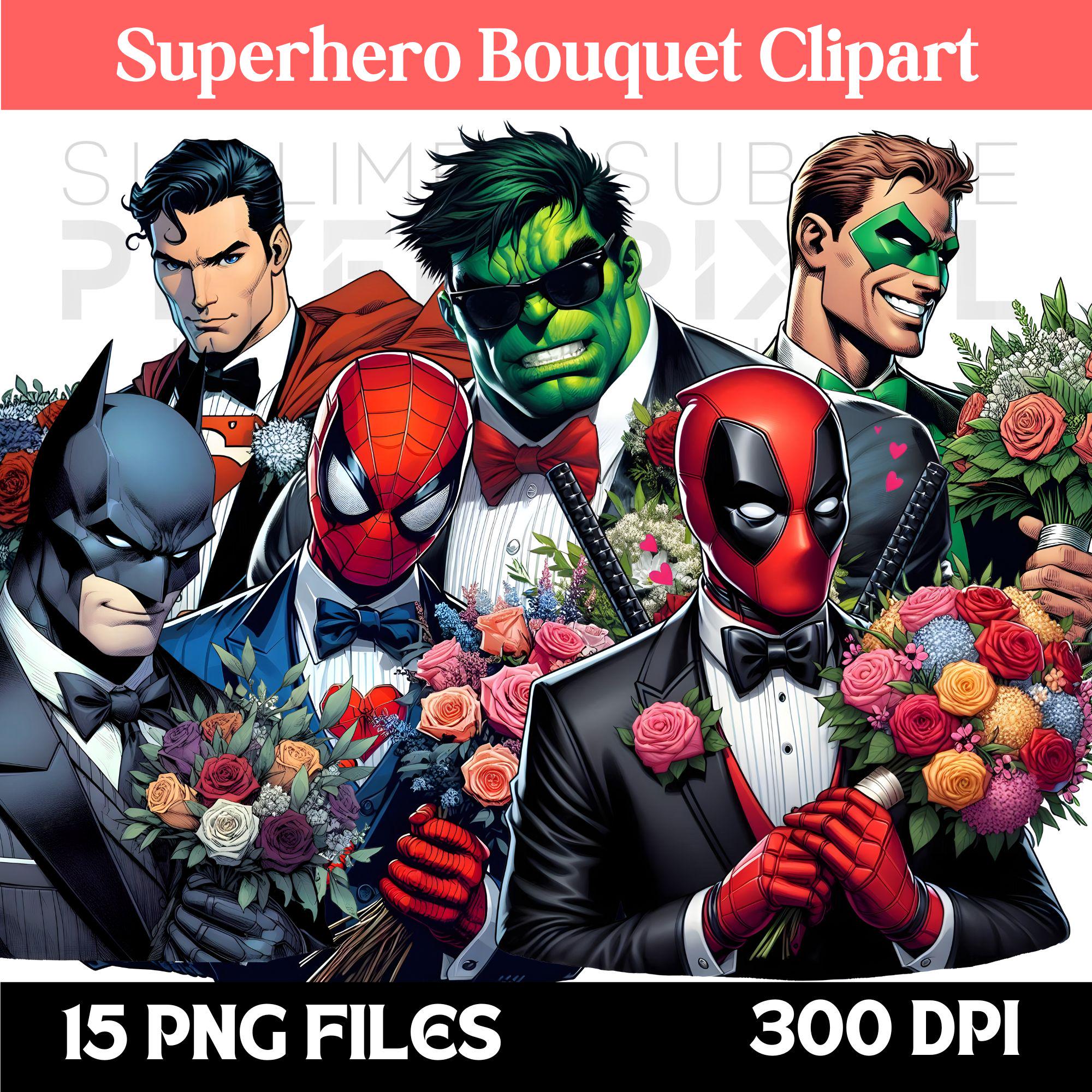Superhero Bouquet Clipart png, png files, clipart, bouquet, superheroes, stickers, marvel, dcomics, transparent background