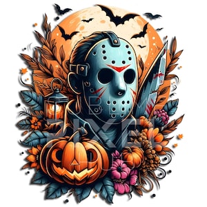 May include: A digital illustration featuring a hockey mask with red slashes, a large knife, and a carved pumpkin. The background includes a full moon, bats, and autumn foliage in orange, brown, and blue tones. A lantern and flowers complete the Halloween theme.