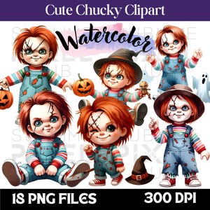 Söt Chucky akvarell Clipart, Halloween PNG-filer (digital nedladdning)