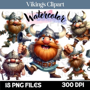 Pode incluir: Clipart com tema Viking, apresentando ilustrações de desenhos animados de Vikings com capacetes com chifres e barbas. A palavra "Watercolor" está escrita em itálico. A imagem também inclui o texto "18 PNG FILES" e "300 DPI".