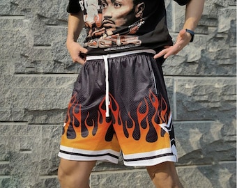 Men's Mesh Basketball Shorts | Flame Printed Quick Drying shorts | Fashionable Gym Basketball Shorts | Men's Running Mesh Shorts