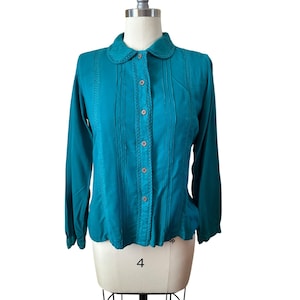 Vintage Teal Button-Up Blouse by Star of India | Retro Cotton Long Sleeve Shirt | 80s Cottagecore Peter Pan Collar Top S