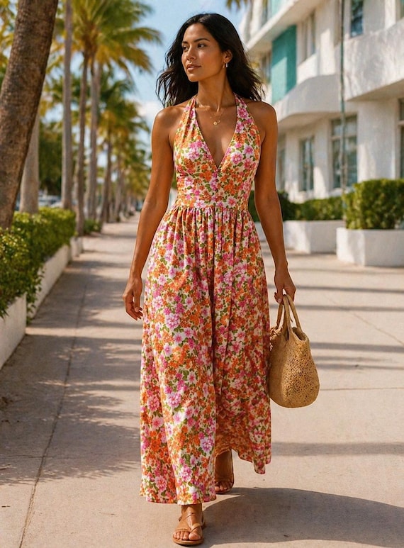 Vintage Floral Halter Maxi Dress Pink Orange Boho 70s Mod Small 3/4