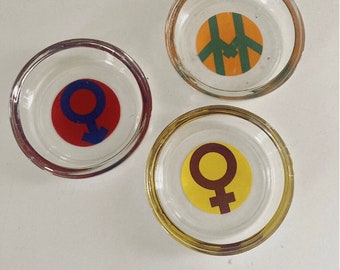 VTG 70’s Glass Male Female Coaster/Ashtray Set of 3 Astrology Venus Mars