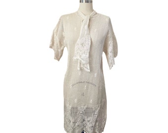 70's VTG Linda Lundstrom Women's Shift Dress Ivory Crochet Fishnet Size S