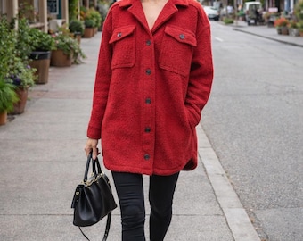 Old Navy Red Sherpa Shacket Coat Jacket Womens Small Teddy Fleece Oversized