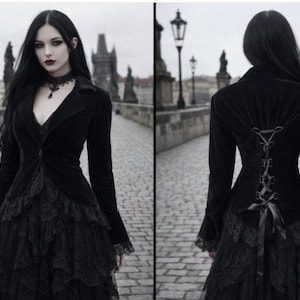 Chic Star Black Velvet Lace Trim Corset Back Whimsy Gothic Blazer Jacket M