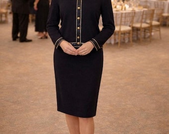 Vintage Toula Black Wool Skirt Suit Set Gold Trim USA Size 12 Classic