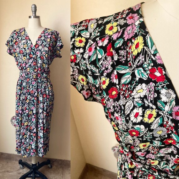 Vtg 80s Sanger Harris Women's Floral Dress Belted 
