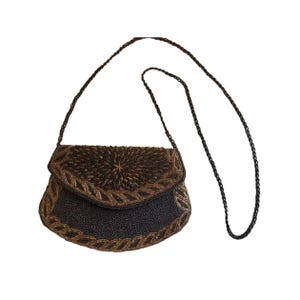 Vintage Black Gold Beaded Evening Purse Shoulder Bag 90s Art Deco Formal Clutch