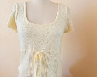 Sincerely Jules L Butter Yellow Pointelle Knit Top Tie Waist Square Neck