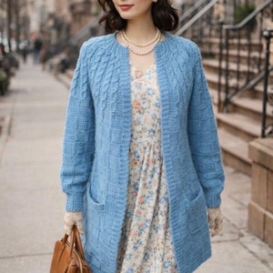 VTG Handmade Cable Knit Cardigan Blue Wool Chunky S M Pockets Granny Chic