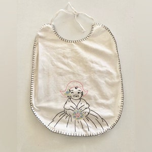 Vintage Baby Bib Nursery Linen Hand Embroidered Stitch Little Girl