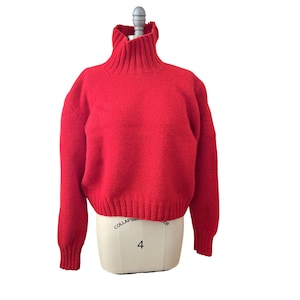 Vintage Handmade Red Wool Turtleneck Sweater Chunky Knit Pullover One of a Kind Retro Jumper Size S/M