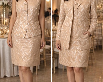 Dana Buchman 3 Pc Linen Blend Suit Set Size 12 Jacket Top Skirt Beige Floral