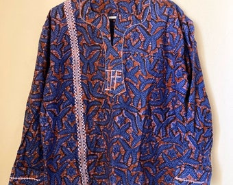 VTG Top Size L Ethnic Caftan Dashiki Blue Purple Unisex Batik