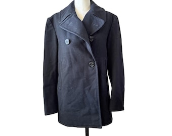 Vintage Black Wool Peacoat Nautical Anchor Buttons 90s Grunge Goth