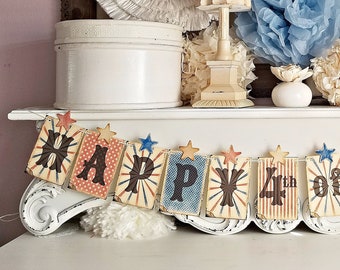 Vintage-Inspired 4th of July Banner, Distressed Garland with Wooden Stars, Patriotic Decor, Americana, Retro