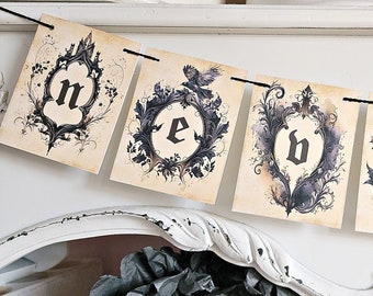 Vintage-Inspired Gothic Halloween Banner Decor, Nevermore Garland