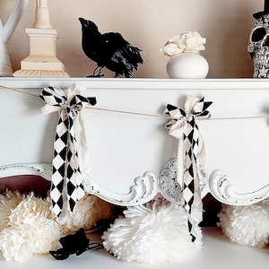 Guirnalda de lazos de trapo de Halloween, banderines de muselina y arlequín estilo granja, decoración rústica para chimenea en negro y marrón claro