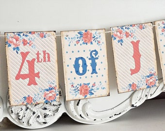 Vintage-Inspired 4th of July Banner Decor, Patriotic Floral Garland, Coral Red Farmhouse