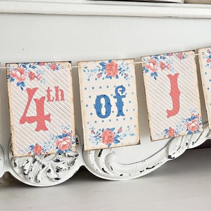 Vintage-Inspired 4th of July Banner Decor, Patriotic Floral Garland, Coral Red Farmhouse