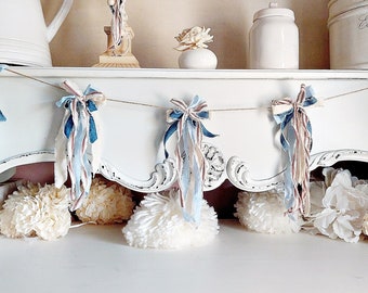Patriotic Rag Bow Garland, Memorial Day Decor, 4th of July Banner