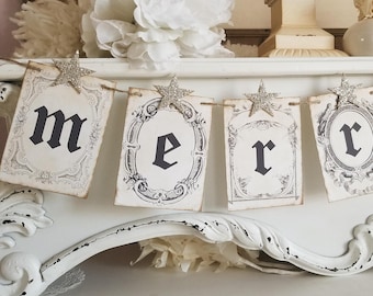 Vintage Style Christmas Banner with Silver Glitter Stars, Holiday Garland, Farmhouse Decor