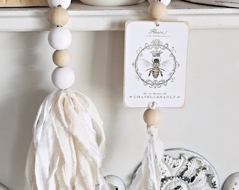 Queen Bee Wood Bead Garland, Farmhouse French Country Decor, Tiered Tray / Coffee Table Art