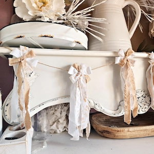 Autumn Rag Bow Garland Decor, Shabby Chic Thanksgiving Mantel Bunting, Neutral Soft Fall Banner