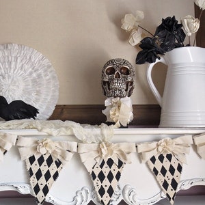 Vintage-Inspired Harlequin Halloween Banner, Black and Tan Hand-Painted Canvas Garland, Farmhouse Decor, Cottagecore