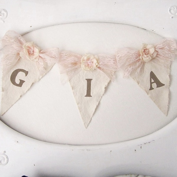 Girl Name Banner, Birthday Party Decor, Baby Girl Banner, Baby Girl Nursery, Shabby Chic Decor, Baby Shower Decor, Vintage Party Decor