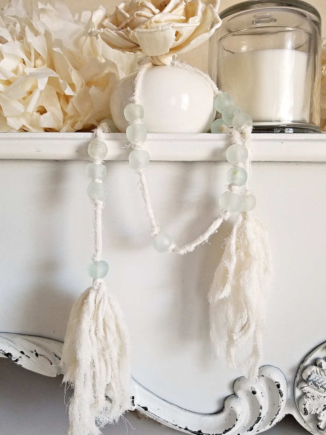 Sea Glass Bead Garland, Coastal Farmhouse Decor, Beach Bead Garland