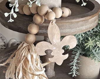 Farmhouse Wood Bead Garland, French Fleur-de-Lis Tassel, Rustic Distressed Table Top Decor