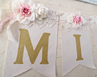 Girl Name Banner, Pink and Gold Birthday, Shabby Chic Nursery Banner, Girl 1st Birthday Decor, Girl Name Sign, Baby Shower Decor