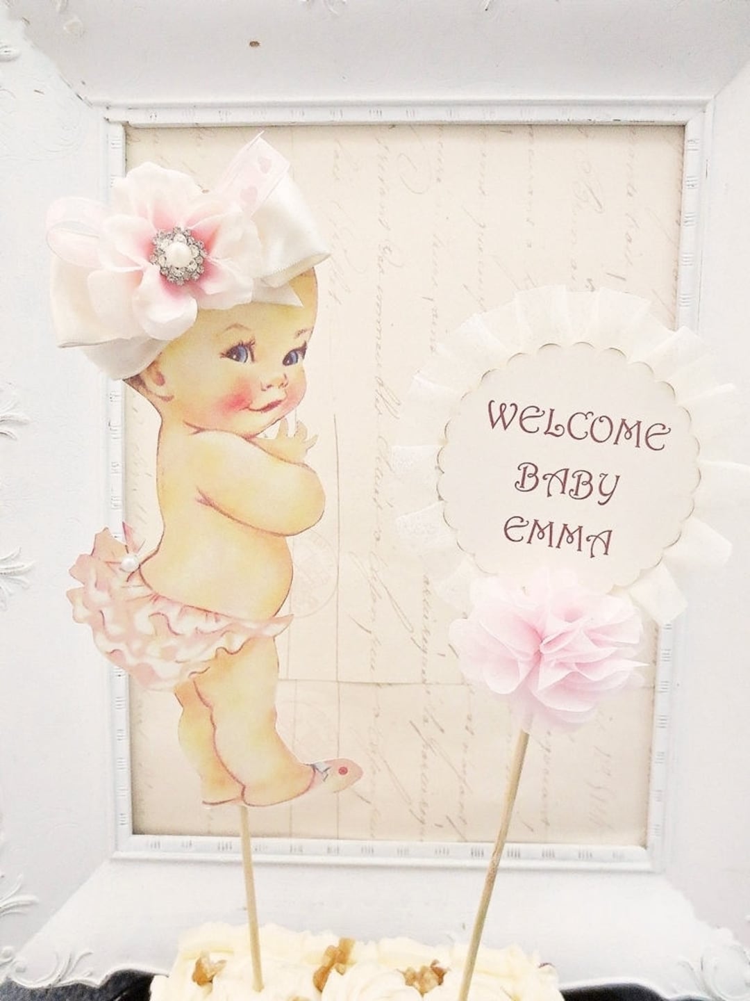 Vintage Baby Girl Shower Decor, Baby Shower Cake Topper, Shabby Chic