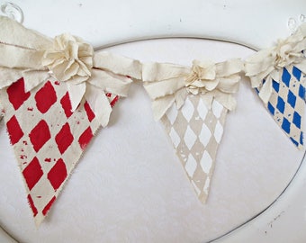 Farmhouse 4th of July Banner Hand-Painted Canvas, Patriotic Garland, Americana Decor, Cottagecore