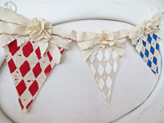 Farmhouse 4th of July Banner Hand-Painted Canvas, Patriotic Garland, Americana Decor, Cottagecore
