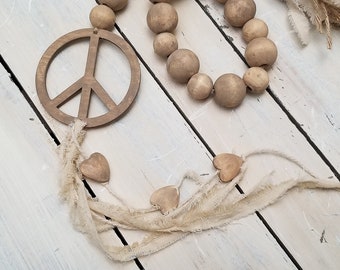 Farmhouse Bead Garland, Distressed Bead Garland, Peace Sign Bead Garland, Coffee Table Decor, Boho Bead Garland, Boho Decor, Rustic Garland