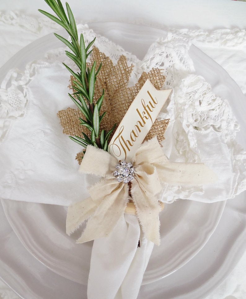 Thanksgiving Napkin Rings, Thanksgiving Place Cards, Burlap Thanksgiving Decor, Rustic Fall Decor, Rustic Decor, Thanksgiving Table Decor image 1