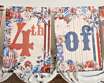 Shabby Chic 4th of July Banner, Vintage Patriotic Decor, Red Cream and Blue Garland
