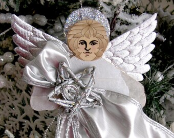 Contemporary Decoupage Wood Angel, 8" - Angel Decoration, Hanging Angel, Boho Wood Angel, Angel Decor - Silver Embellishments - Handcrafted