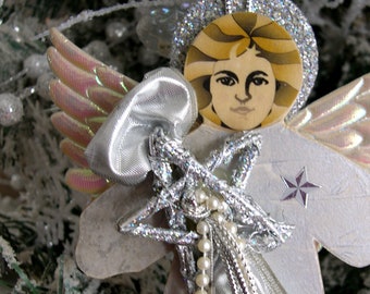 Contemporary Decoupage Wood Angel, 8" - Angel Decoration, Hanging Angel, Boho Wood Angel, Angel Decor - Silver Embellishments - Handcrafted