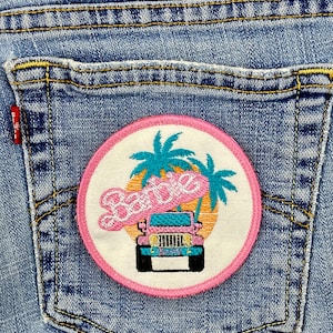 Pink Girl Doll/4 Wheel Drive Patch Iron-on Sew-on Malibu Beach Palm Trees 3 3/8 Circle Patch image 1