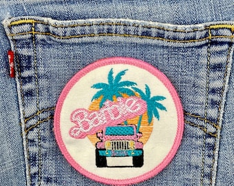Pink Girl Doll/4 Wheel Drive Patch |  Iron-on | Sew-on | Malibu Beach | Palm Trees | 3 3/8” Circle Patch