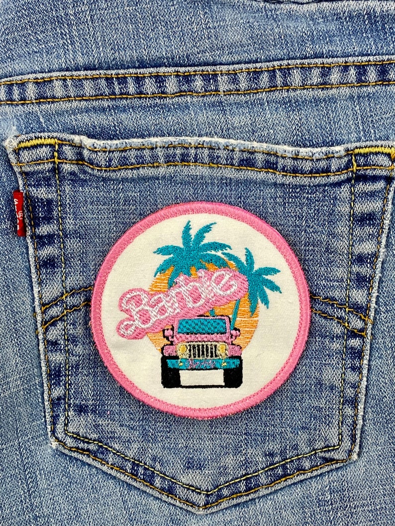 Pink Girl Doll/4 Wheel Drive Patch Iron-on Sew-on Malibu Beach Palm Trees 3 3/8 Circle Patch image 1