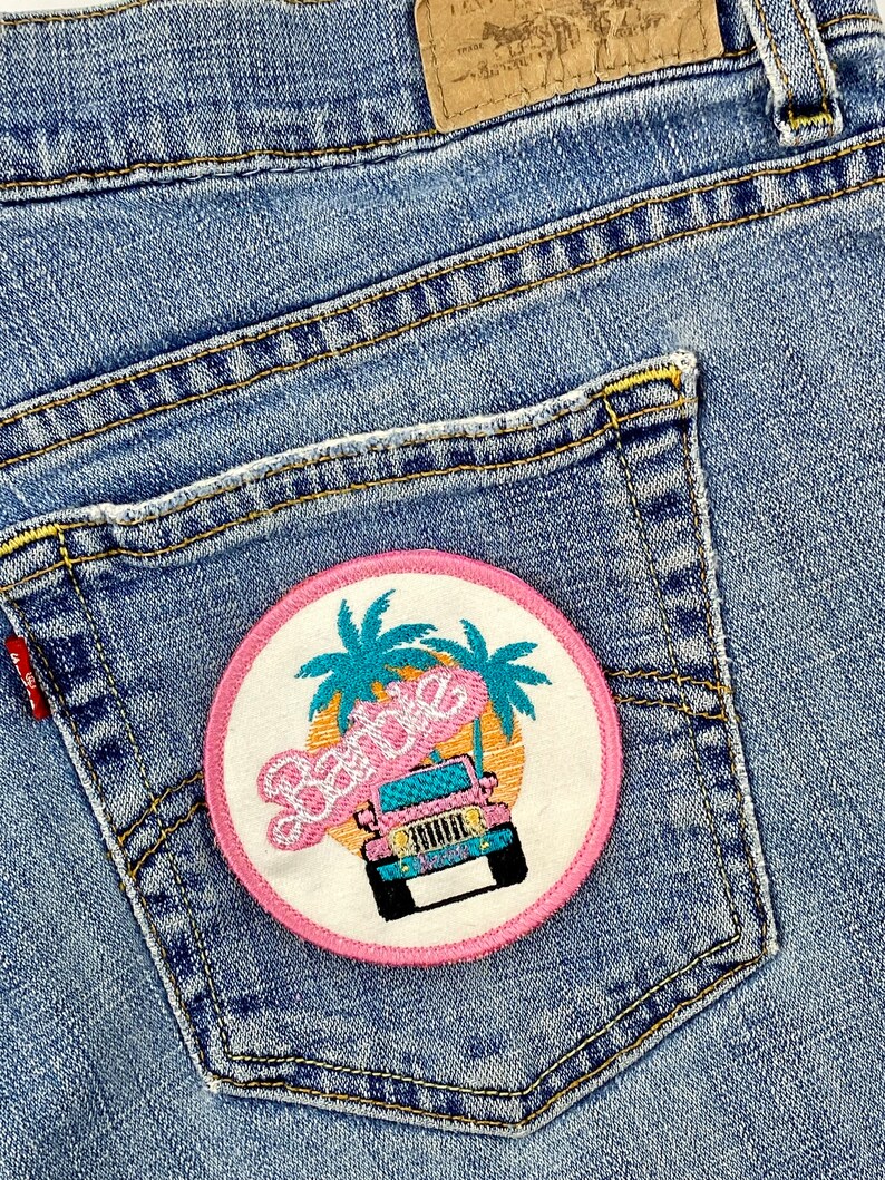 Pink Girl Doll/4 Wheel Drive Patch Iron-on Sew-on Malibu Beach Palm Trees 3 3/8 Circle Patch image 3